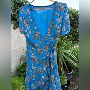 LUSH Blue Floral Asymmetrical Wrap Dress